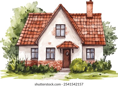 Conjunto de aquarelas para casas de tijolos: Coleção desenhada à mão de casas retrô com telhas vermelhas - Village Vintage Estate Architecture Illustrations on White Background