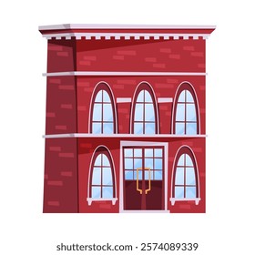 Brick house in wild west style. Vector cartoon isolated building facade with secured doors and arched windows. Exterior of home in Western American location, typical architecture design