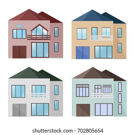 Brick houses facade Vector. Architecture detailed buildings front views