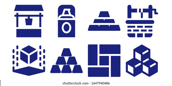 brick icon set. 8 filled brick icons.  Simple modern icons such as: Cube, Water well, Ingot, Foundation, Floor, Ingots