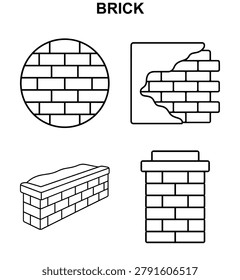 Brick icon set with circular brick pattern, exposed brick under plaster, long masonry wall, and brick chimney column vector illustration