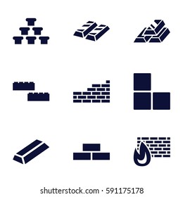 brick icons set. Set of 9 brick filled icons such as gold, gold bar