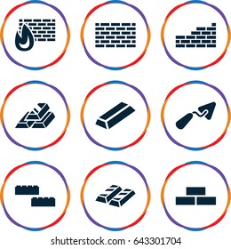 Brick icons set. set of 9 brick filled icons such as gold, trowel, gold bar
