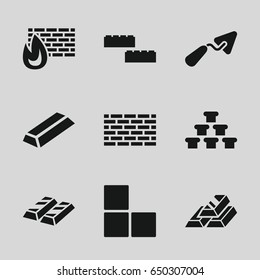 Brick icons set. set of 9 brick filled icons such as gold, trowel, gold bar