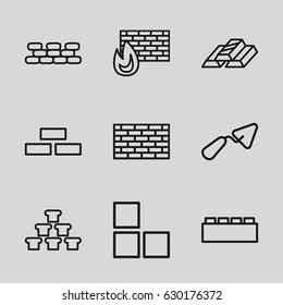 Brick icons set. set of 9 brick outline icons such as trowel, gold bar, gold