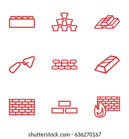 Brick icons set. set of 9 brick outline icons such as trowel, gold bar, gold