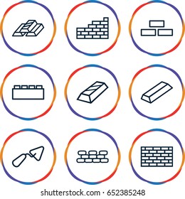 Brick icons set. set of 9 brick outline icons such as brick wall, gold, trowel, gold bar