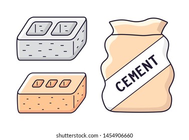Brick isolated, cinder concrete building block and cement bag.