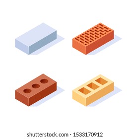 Brick isometric icons. Set of 3d construction blocks. Vector illustration in flat style on a white background.