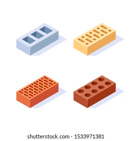 Brick isometric icons. Set of 3d construction blocks. Vector illustration in flat style on a white background.