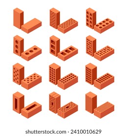 Brick isometric icons. Set of 3d construction blocks. Vector illustration in flat style on a white background.