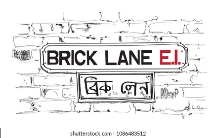 Brick Lane In London Street Sign. Hand Drawn Vector Illustration. 