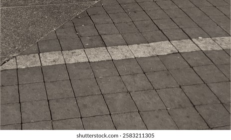 a brick lane paving with a pattern of dark grey square tiles and a contrasting white strip. The pavement consists of uniformly arranged bricks, creating a structured and durable surface.