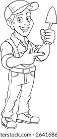 A brick layer mason builder cartoon man holding a masonry trowel and pointing