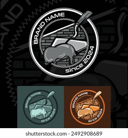 Brick laying and construction company logo, on a black background and with an additional two options.