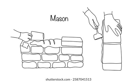 Brick laying process drawn with a continuous line. The mason distributes the mortar and lays the bricks. Construction process. Mason's work. A simple illustration for different uses.