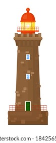 Brick lighthouse with beaming spotlight on white background