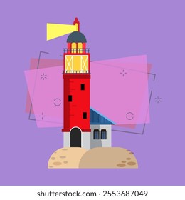 Brick lighthouse with bright light beam. Tall tower for guiding ships. Can be used for topics like travel, storm, navigation