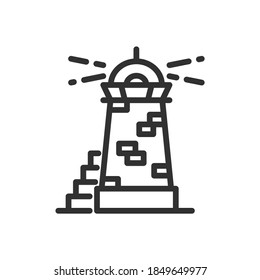 Brick lighthouse with stairs behind, linear icon. Editable stroke
