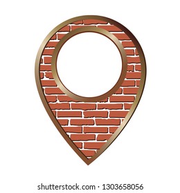 Brick location pin icon into bronze frame isolated on white background