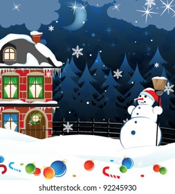 brick mansion in a pine forest and snowman with a broom. Cartoon winter landscape