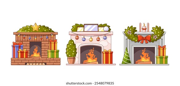 Brick, marble and stone indoor fireplaces decorated for Christmas eve celebration isolated set