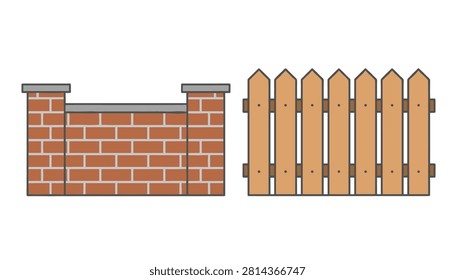 Brick masonry wall and wooden picket fence isolated on a white background representing boundary and construction design elements.