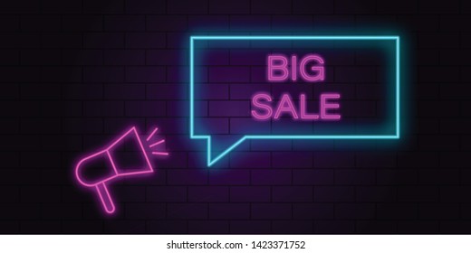 brick megaphone big sale pink blue neon background.