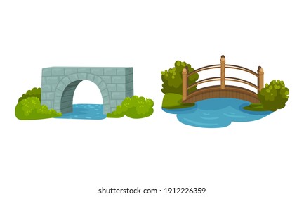 Brick and Metal Bridge as Road Over Water Vector Set