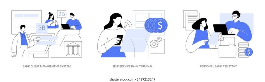 Brick and mortar bank isolated cartoon vector illustrations set. Bank queue management system, making payment with self-service terminal, talk to personal assistant, customer service vector cartoon.