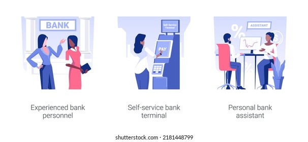 Brick and mortar bank isolated concept vector illustration set. Experienced bank personnel, self-service terminal, personal financial assistant, bill payments, financial services vector cartoon.