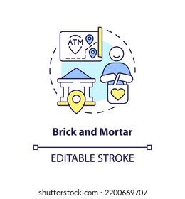 Brick And Mortar Concept Icon. Street Side Establishment. Savings Account Abstract Idea Thin Line Illustration. Isolated Outline Drawing. Editable Stroke. Arial, Myriad Pro-Bold Fonts Used