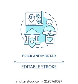 Brick And Mortar Turquoise Concept Icon. Street Side Establishment. Savings Account Abstract Idea Thin Line Illustration. Isolated Outline Drawing. Editable Stroke. Arial, Myriad Pro-Bold Fonts Used