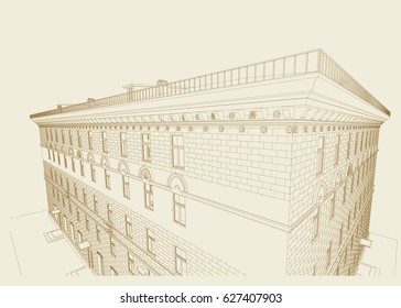 Brick multi-storey building, style of architecture 50-s, blueprint. Vector.