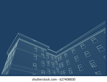 Brick multi-storey building, style of architecture 50-s, blueprint. Vector.