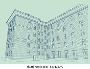 Brick multi-storey building, style of architecture 50-s, blueprint. Vector.