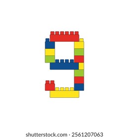 Brick Number 9 Nine of colored block on a white background. Vector illustration