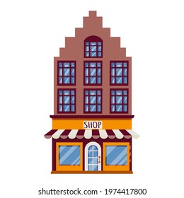 brick old Belgian house with a shop, isolated on a white background. Vector illustration in flat cartoon style-icon for infographics and city maps