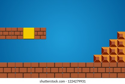 Brick on Blue Background ,Old video game. retro style Background.