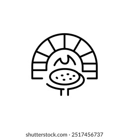 Ícone de forno de tijolo. Um design de linha simples representando um forno de tijolo tradicional a lenha usado para assar pizza e outras delícias culinárias. Adequado para plataformas Web e de aplicativos. Ilustração vetorial