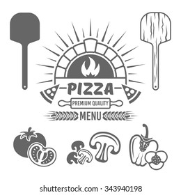 Brick Oven And Pizza Vector Monochrome Emblem Or Label For Pizzeria Menu, And Design Elements (tomato, Mushrooms, Bell Pepper, Wooden Shovel) Isolated On White Background