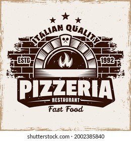 Emblema vectorial de horno de ladrillo, placa, etiqueta o logotipo para pizzería en un estilo de color vintage aislado en el fondo con textura de grano
