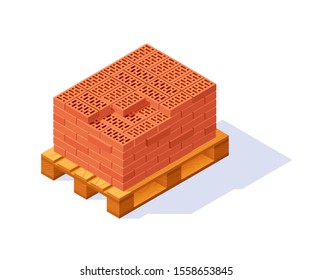 Brick pallet isometric icon. Vector illustration isolated on a white background in flat style.