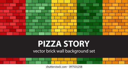 Brick pattern set Pizza Story. Vector seamless brick wall backgrounds