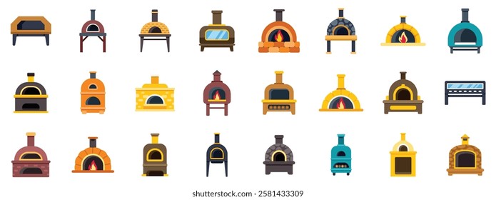 Brick pizza oven baking cooking utensils icons set flat vector illustration