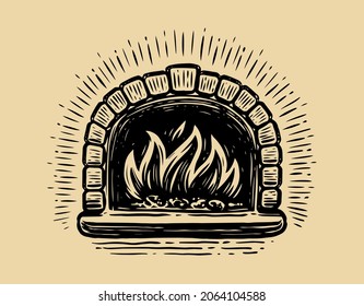 Brick Pizza Oven With Fire. Bakery Sketch Vintage Vector Illustration