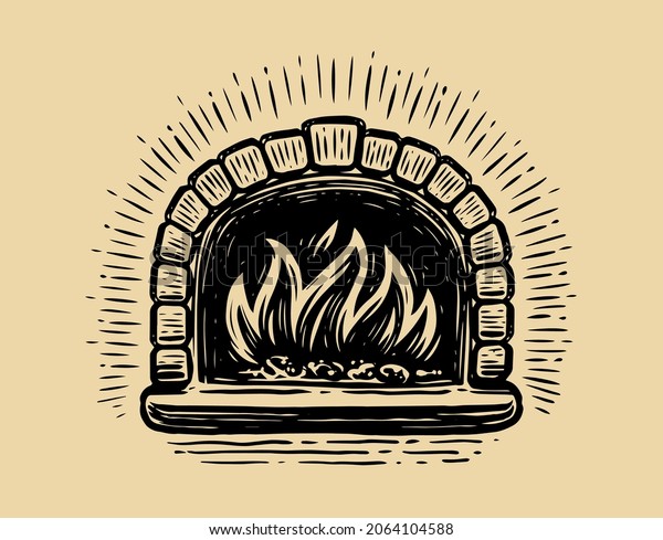 Brick pizza oven with fire. Bakery sketch\
vintage vector\
illustration