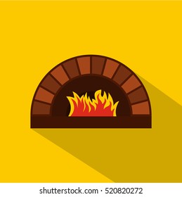 Brick Pizza Oven With Fire Icon. Flat Illustration Of Brick Pizza Oven With Fire Vector Icon For Web Isolated On Yellow Background