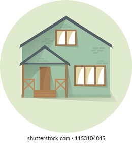 Brick private house, building facade, semi flat style with shadows, vector illustration