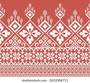 Brick Red Pixel Geometric Patterns – Tribal Textile Art Style
